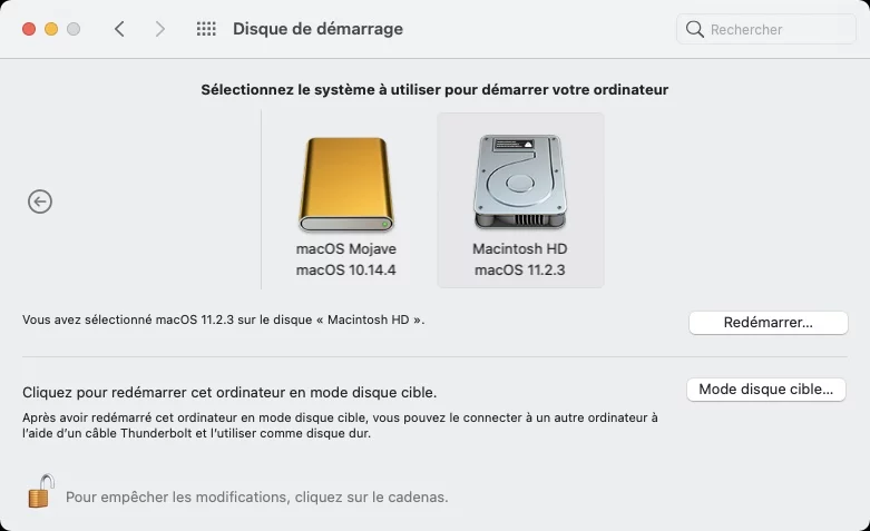 configurer disque demarrage dual boot macos big sur mojave