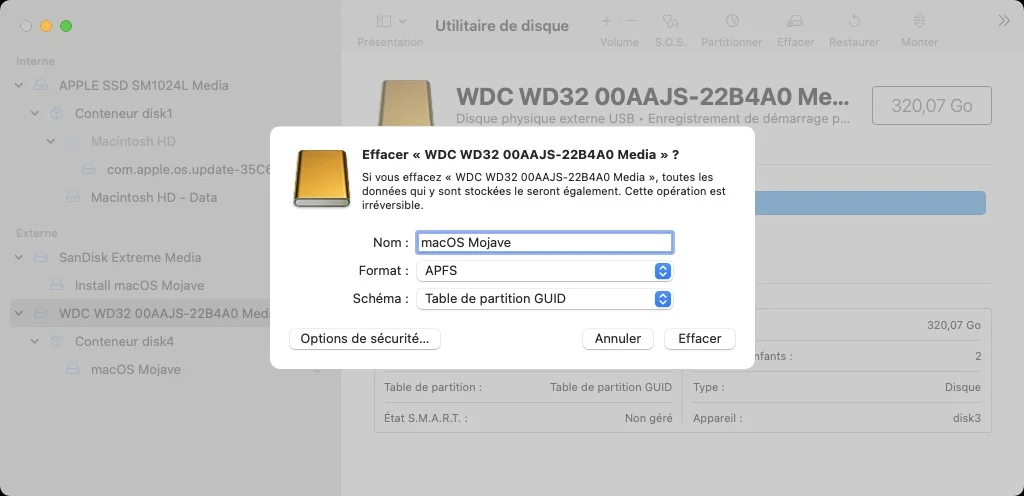 formater disque externe pour installer macos mojave