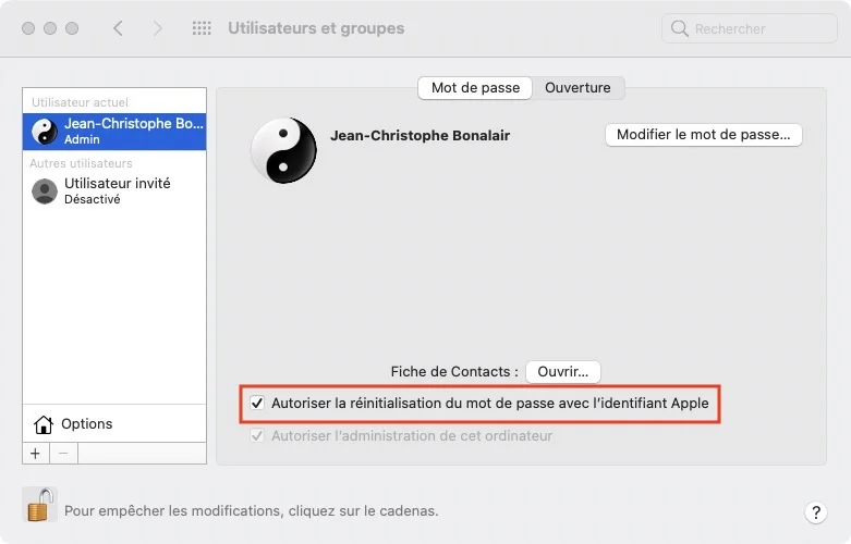 Autoriser la reinitialisation du mot de passe avec lidentifiant Apple