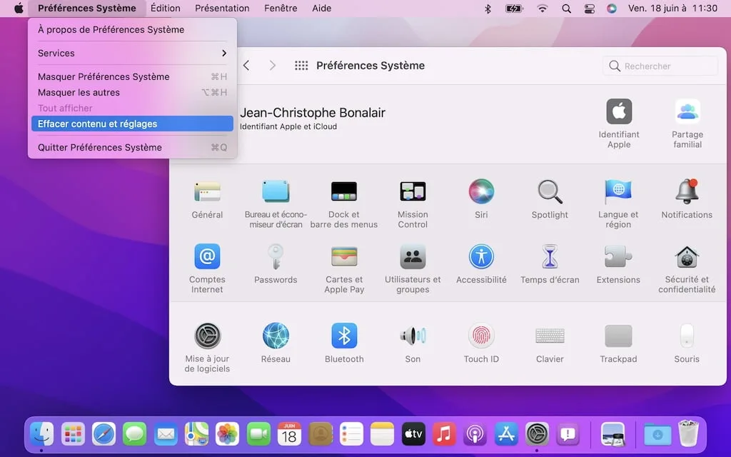 Effacer contenu et réglages sur macOS Monterey (Intel puce T2 / Apple Silicon M1) 1 Effacer contenu et reglages sur macOS Monterey Preferences systeme