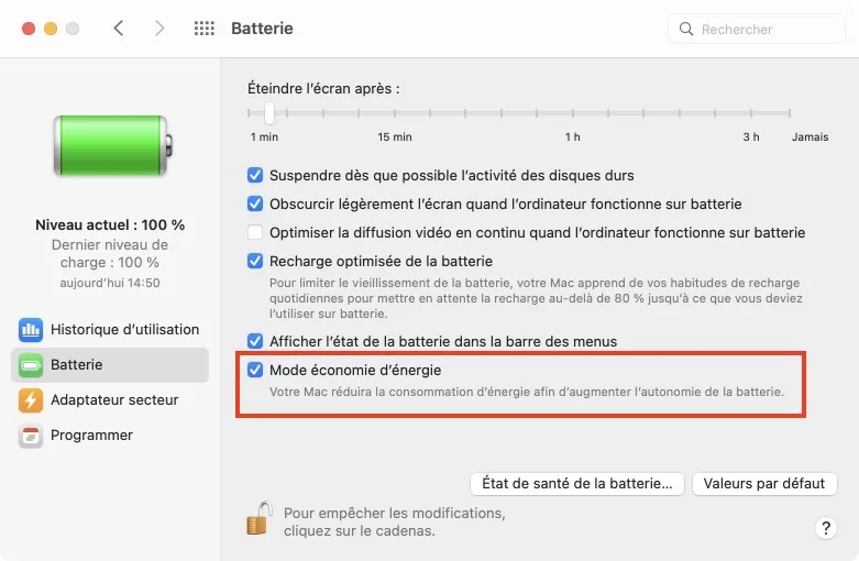 Activer le mode économie d'énergie sur Mac (macOS Monterey) 4 augmenter autonomie batterie macbook air m1 monterey