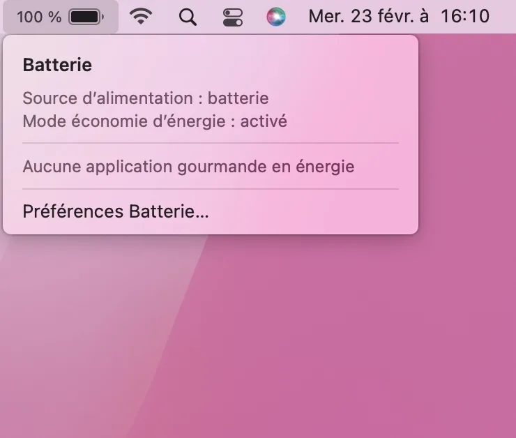 Activer le mode économie d'énergie sur Mac (macOS Monterey) 6 mode economie d energie actif barre de menus mac