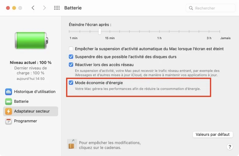 Activer le mode économie d'énergie sur Mac (macOS Monterey) 5 mode economie d energie adaptateur secteur macbook monterey