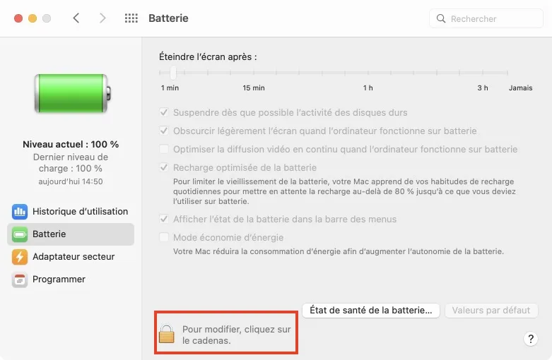 Activer le mode économie d'énergie sur Mac (macOS Monterey) 2 reglages batterie macos monterey 12
