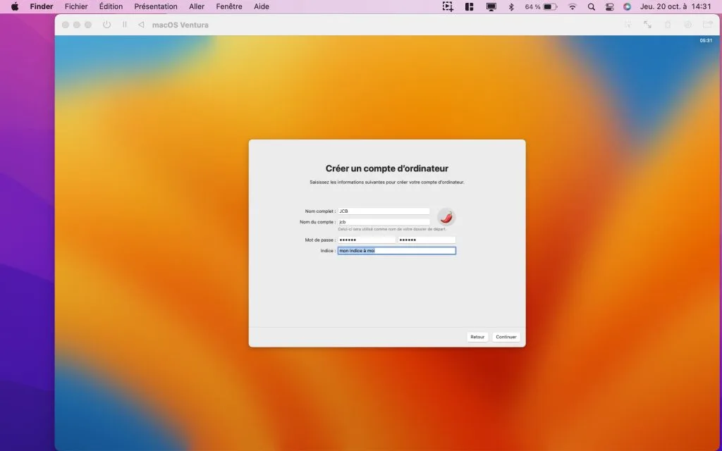 Installer macOS Ventura dans une machine virtuelle 11 compte administrateur macos ventura