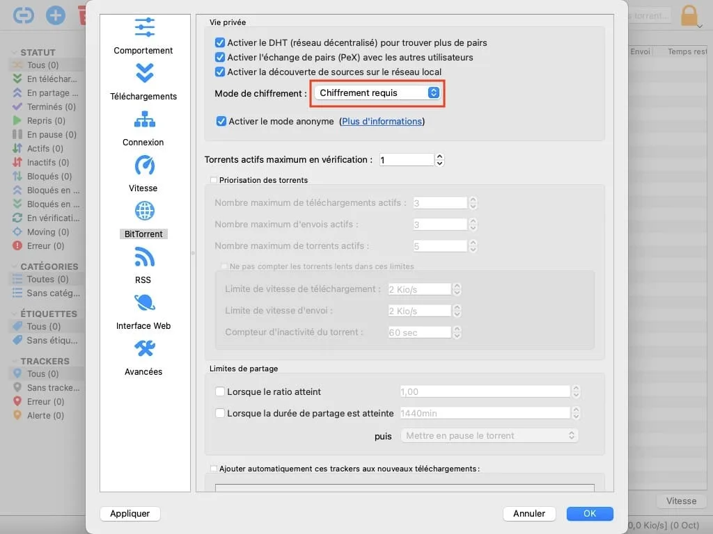 Configurer qBittorrent pour Mac Apple Silicon M1, M2... 12 qBittorrent mac chiffrement requis