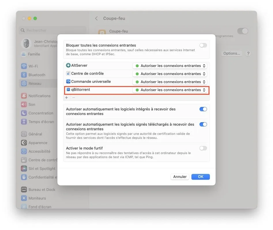 qBittorrent pour Mac autoriser connexions entrantes