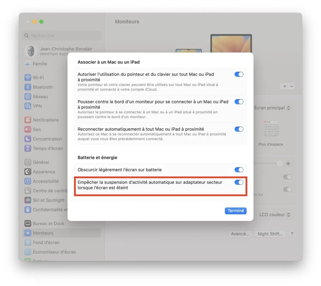 ne pas suspendre activite mac lorsque le moniteur seteint