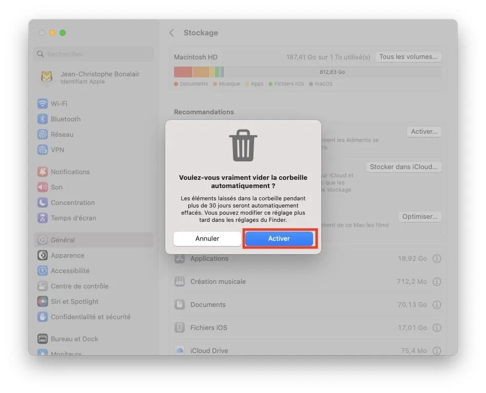 macos ventura vider corbeille au bout de 30 jours