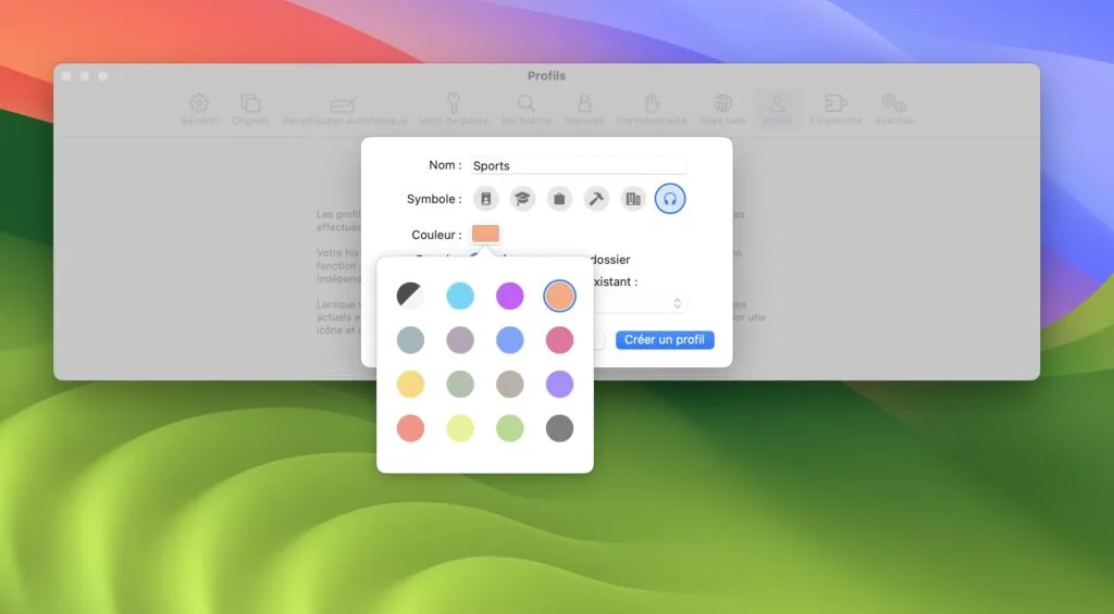 Créer un profil Safari sous macOS (Sonoma / Ventura) 4 safari profil couleurs