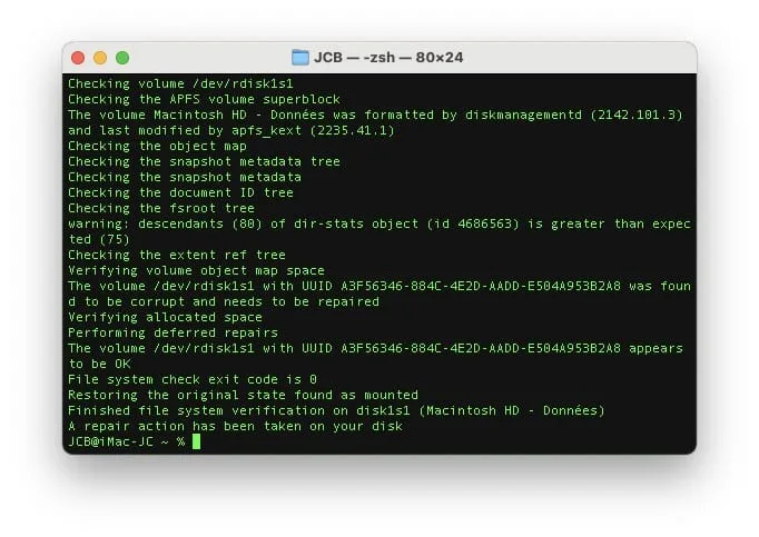 Comment vérifier et réparer un disque Mac avec le Terminal (Sonoma, Ventura, Monterey...) 3 reparer un disque Mac avec le Terminal