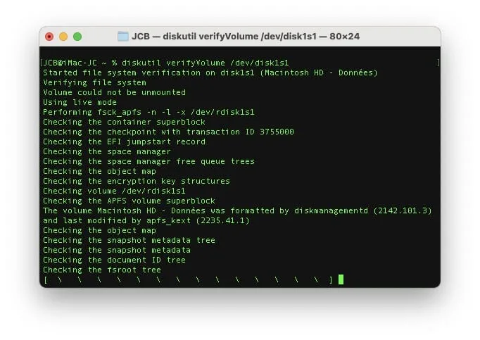 Comment vérifier et réparer un disque Mac avec le Terminal (Sonoma, Ventura, Monterey...) 2 verification disque mac terminal