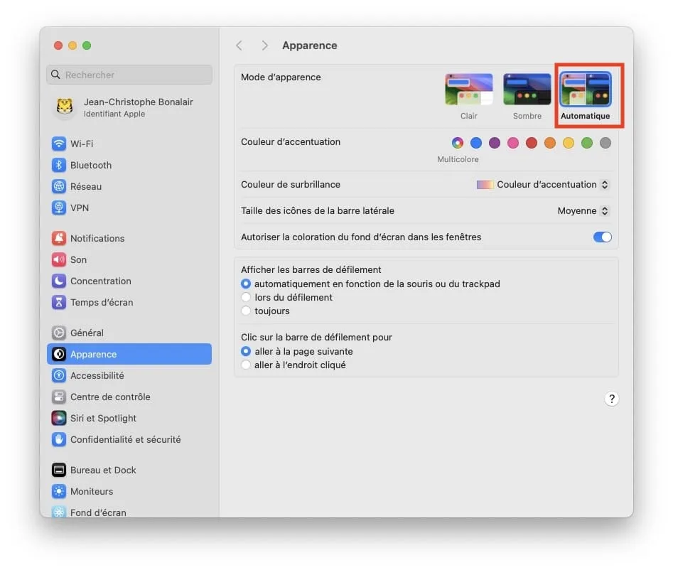 mode sombre automatique macos sonoma