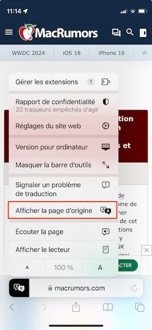 safari iphone afficher la page dorigine