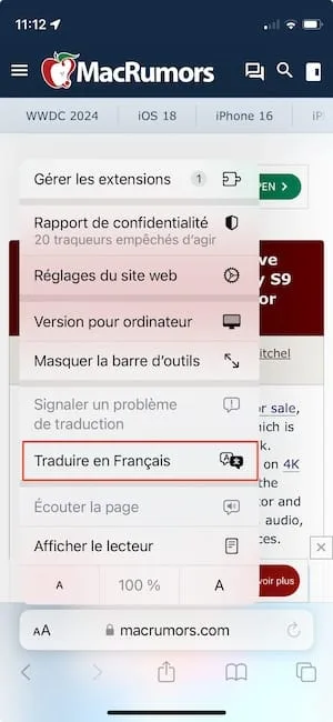 safari iphone traduire page francais