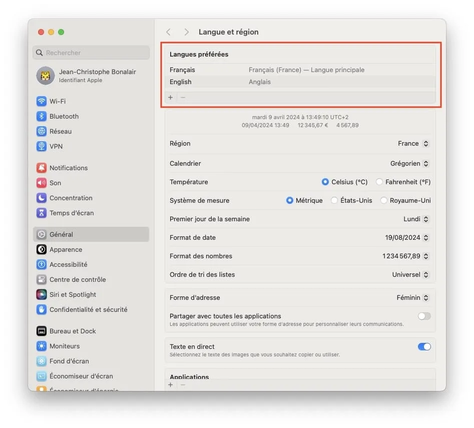 safari langue et region