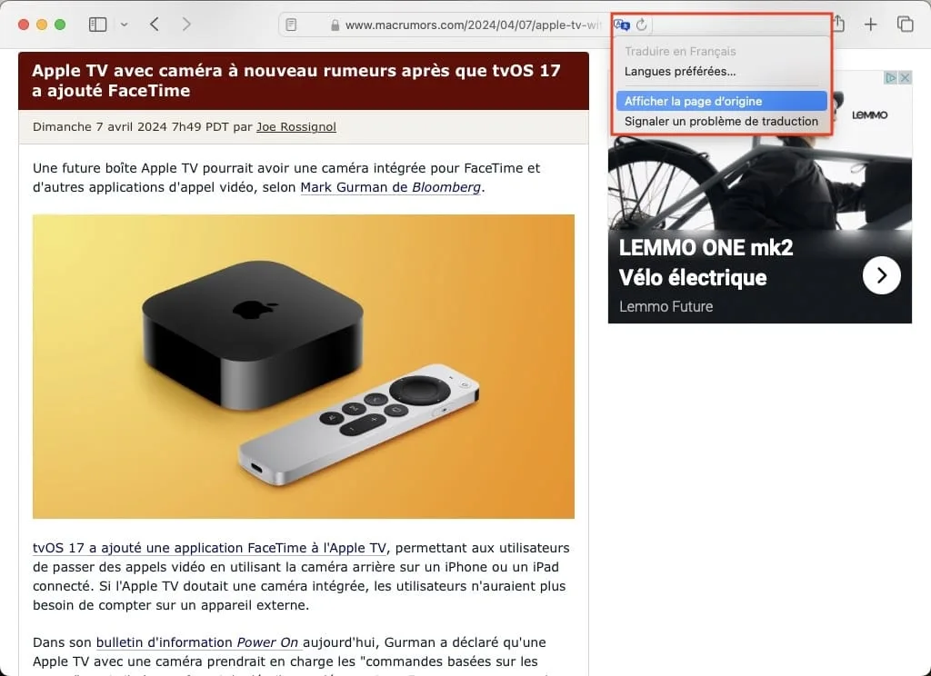 tuto safari mac traduire page internet