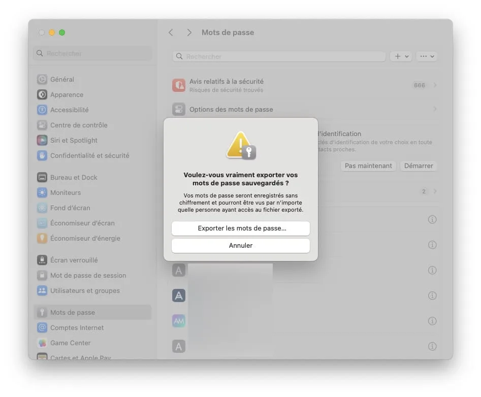 comment faire pour exporter tous les mots de passe de mon mac