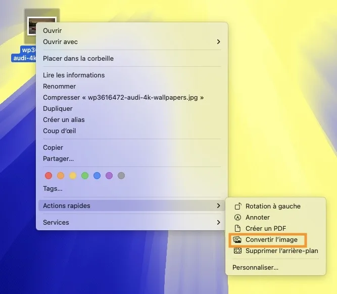 convertir photo mac action rapide