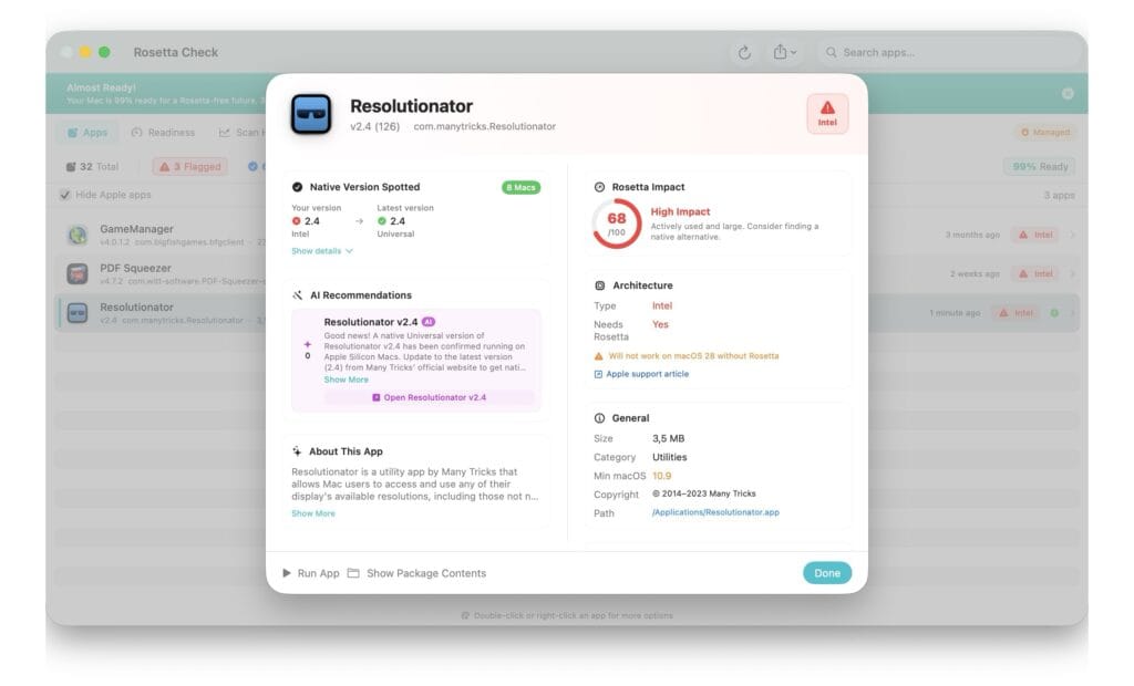 Rosetta Check remplacer anciennes apps intel par apps mac silicon