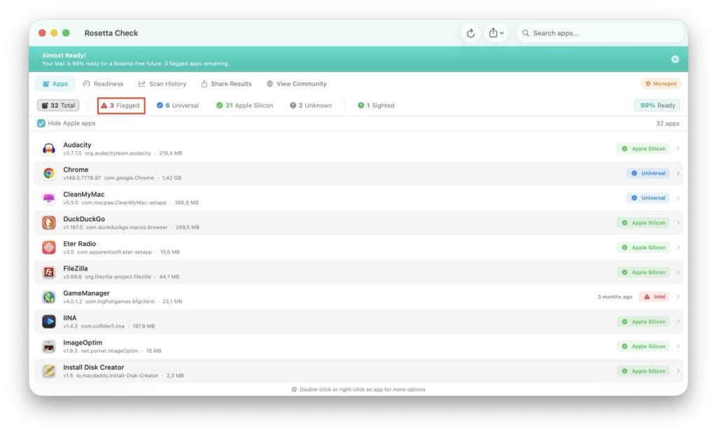 Comment vérifier la compatibilité de vos apps avec Rosetta Check 1 Rosetta Check vue globale