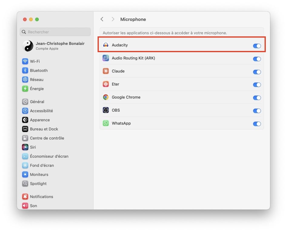 Comment enregistrer un podcast sur Mac avec Audacity 1 autoriser micro audacity dans reglages Microphone mac