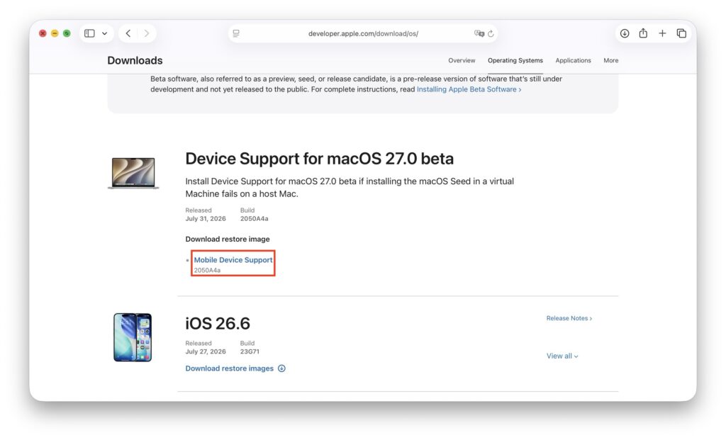 Device Support for macOS 27.0 beta