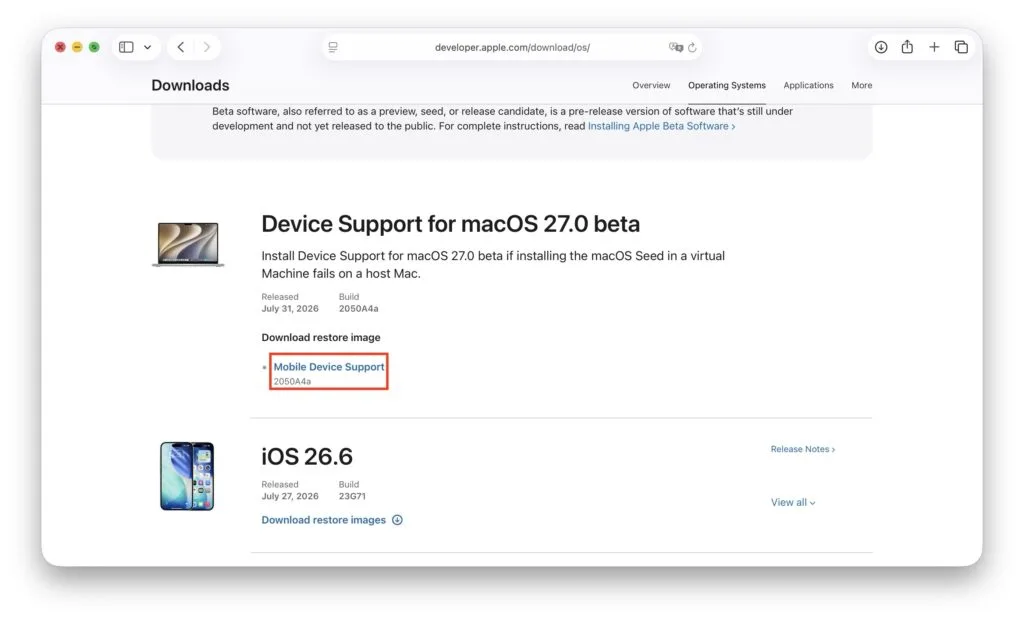 Device Support for macOS 27.0 beta