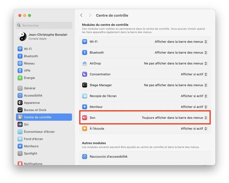 Afficher icOne du son dans la barre des menus du Mac